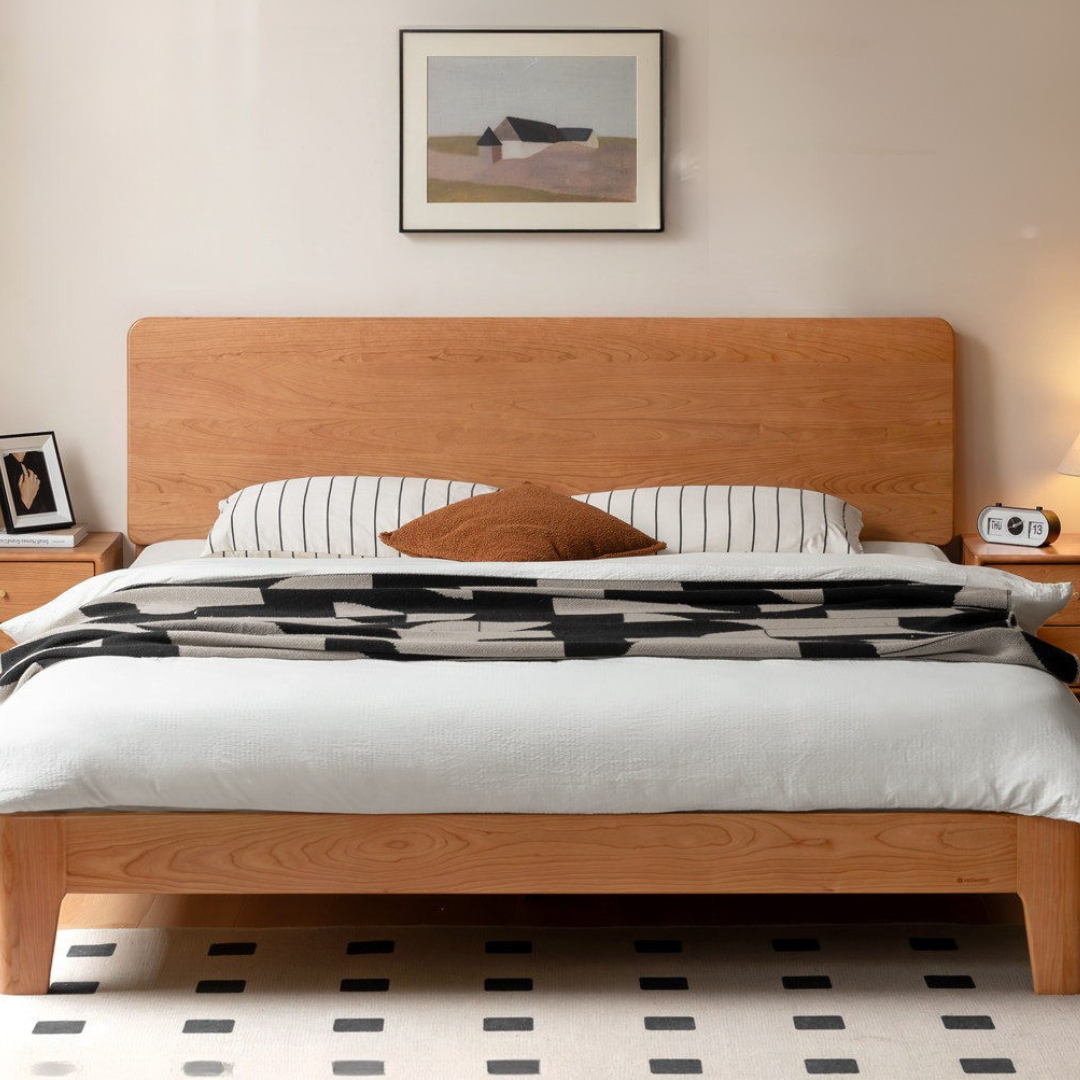 Cherry Solid Wood Platform Bed with Slightly Reclined Panel Headboard and Tapered Legs