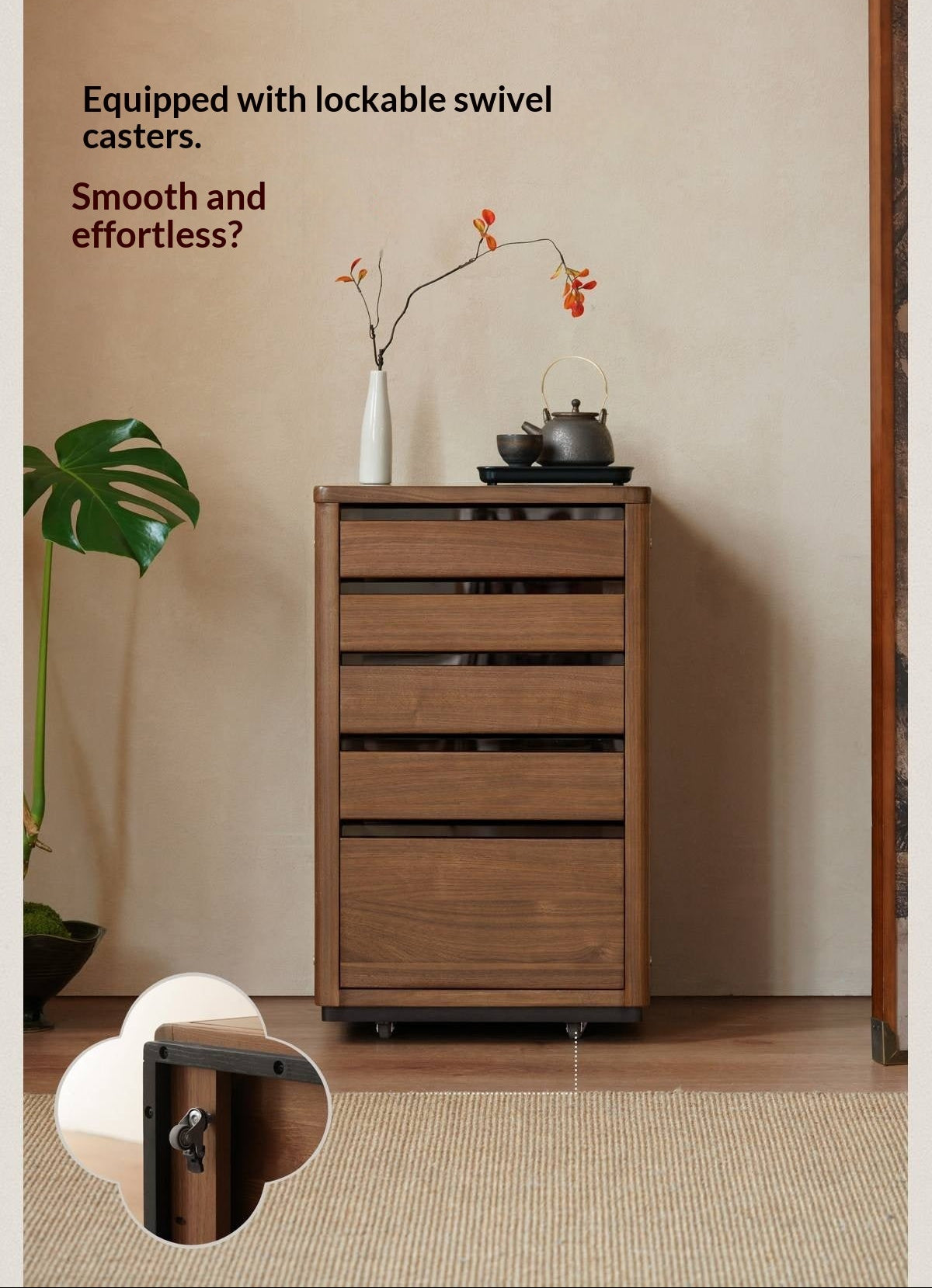 Black Walnut Solid Wood Tea Set Storage Rolling Side Cabinet with Fluted Drawers
