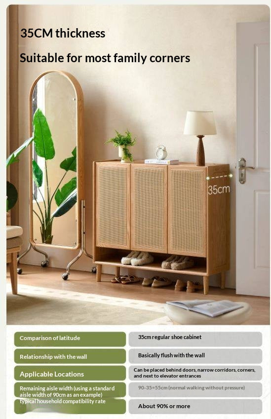 Oak Solid Wood Shoe Cabinet with Large Capacity and Vine Weaving Design