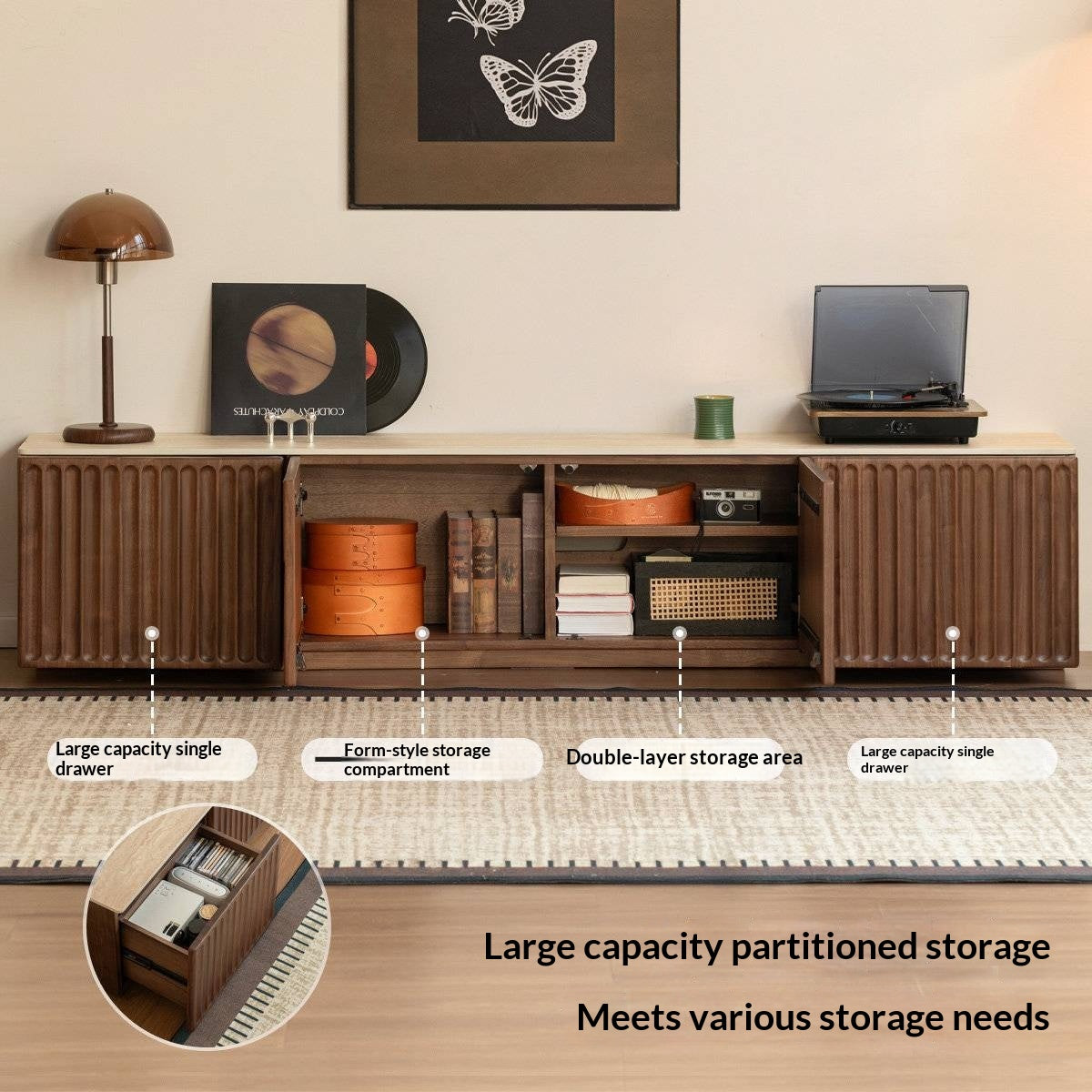 Black Walnut Solid Wood TV Cabinet with Vintage Style Floor-Standing Design