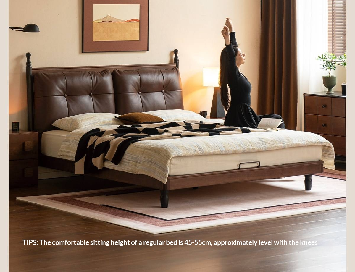 Black Walnut Solid Wood Leather Four Poster Bed with Tufted Headboard