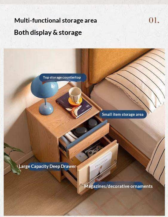 Cherry Solid Wood Nightstand with Storage Drawer and Magazine Holder with Wheels