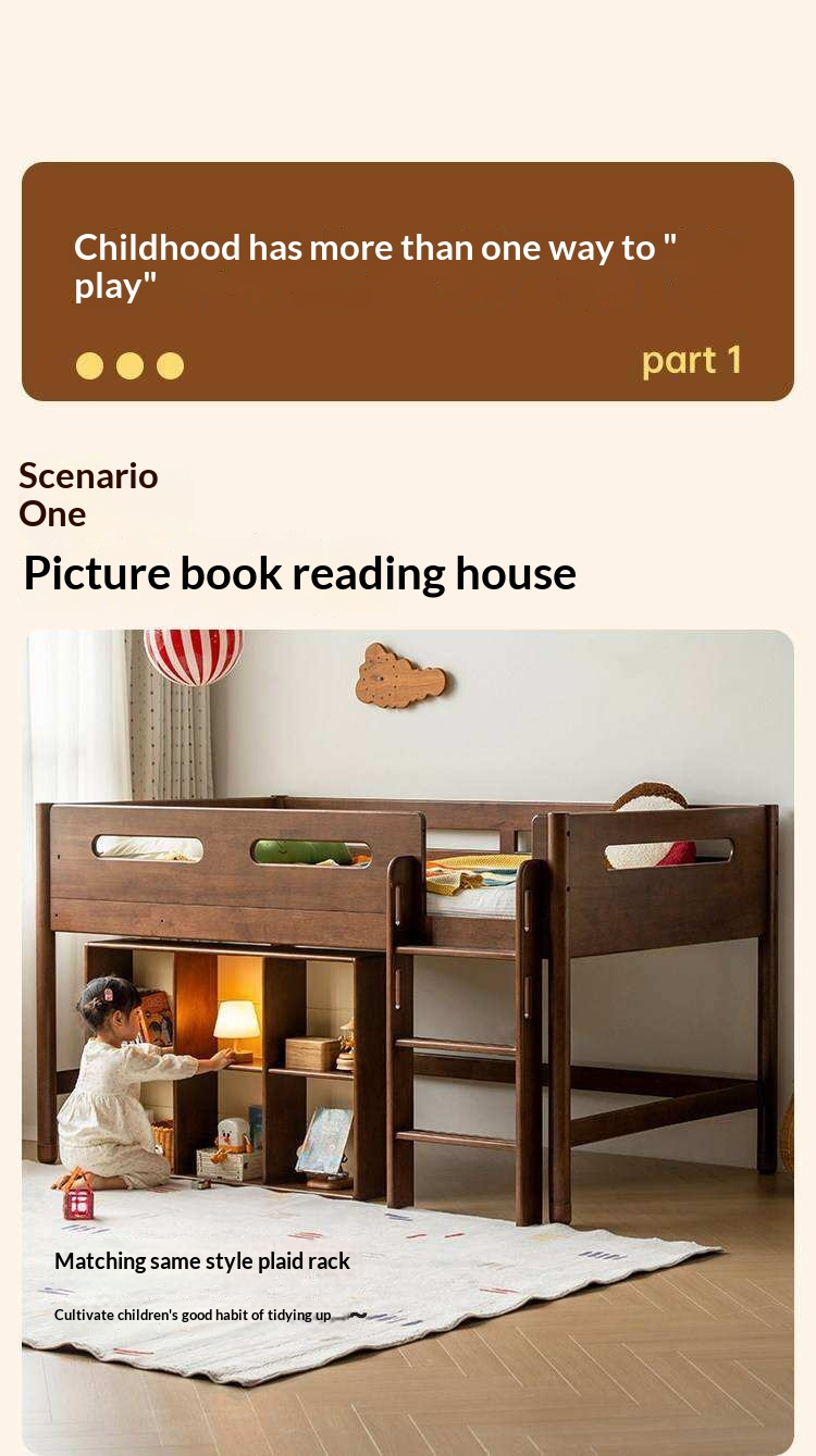 Rubberwood Solid Wood Mid-Height Kids Loft Bed with Staircase and Bookshelf Storage