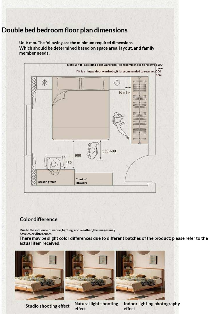 Cherry Solid Wood Bed with Modern Minimalist Design and Genuine Leather Headboard