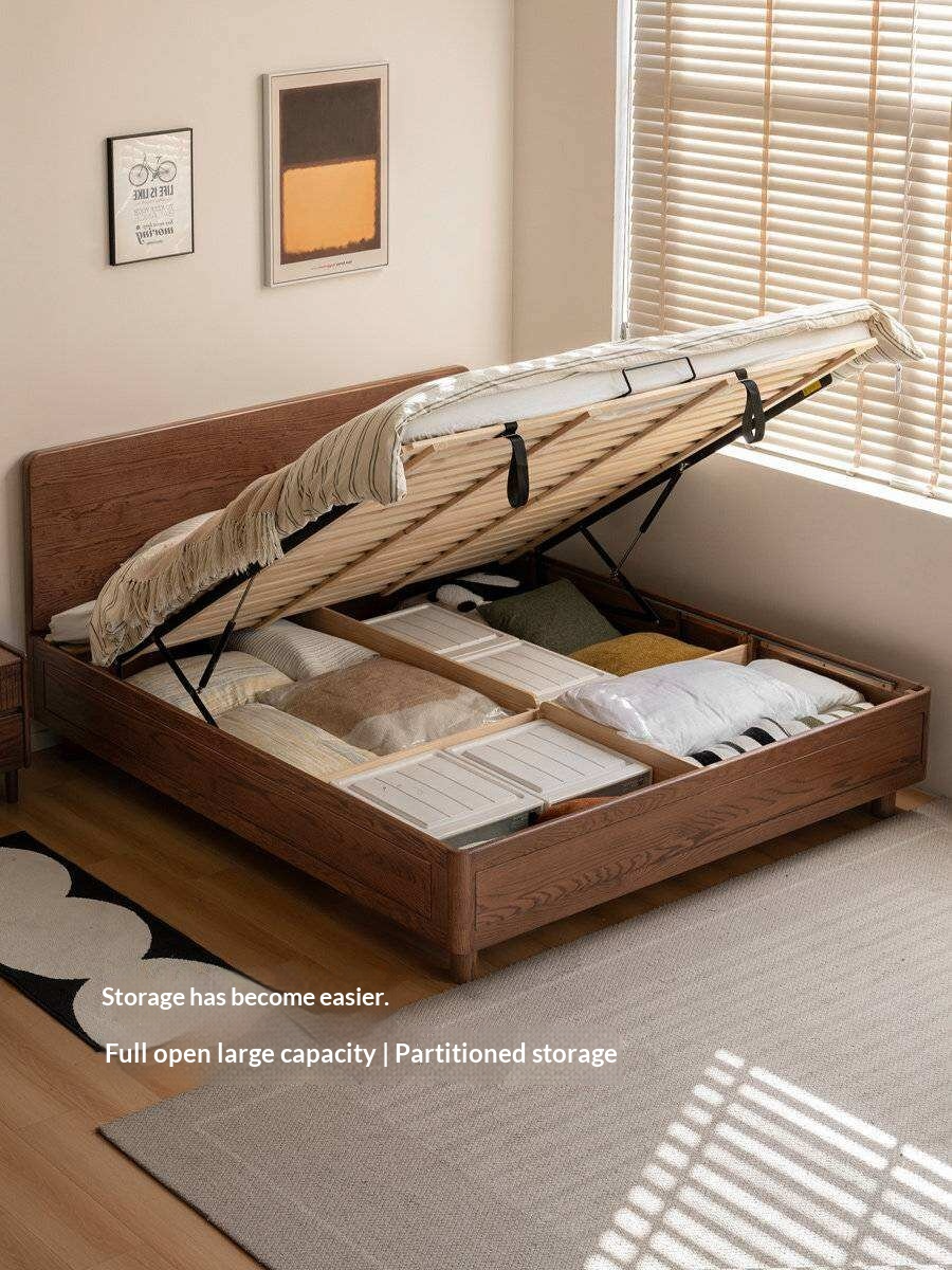 Oak Solid Wood Storage Bed with Gas Lift and Flat Panel Headboard