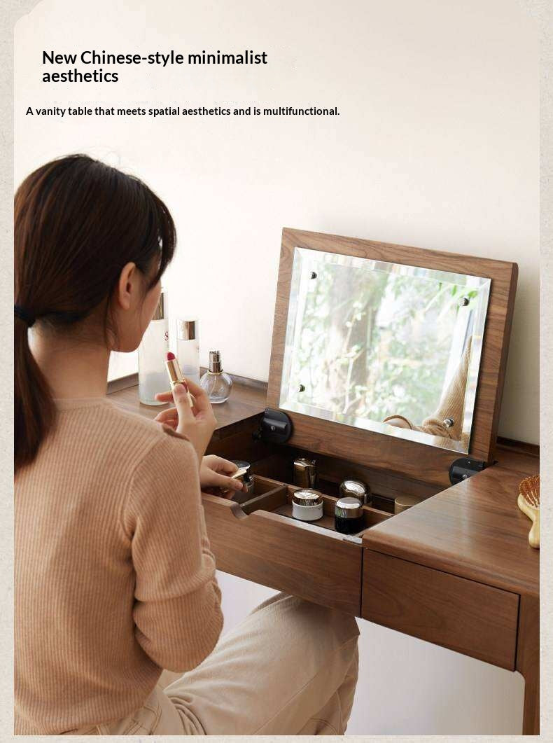 Black Walnut, Ash Solid Wood Flip Vanity Table.