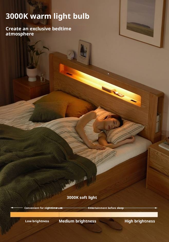 Oak Solid Wood Modern Minimalist Multifunctional with Light Box Bed