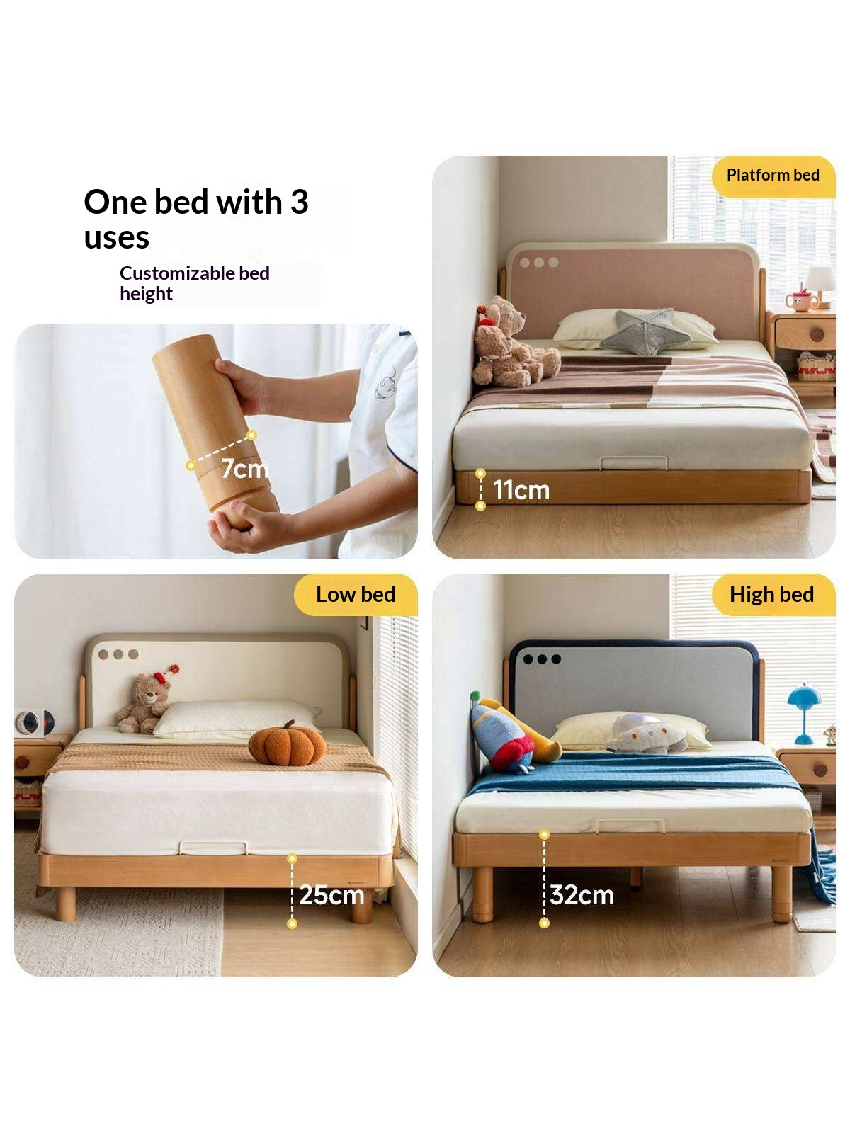Beech Solid Wood Kids Montessori Platform Bed with Upholstered Headboard