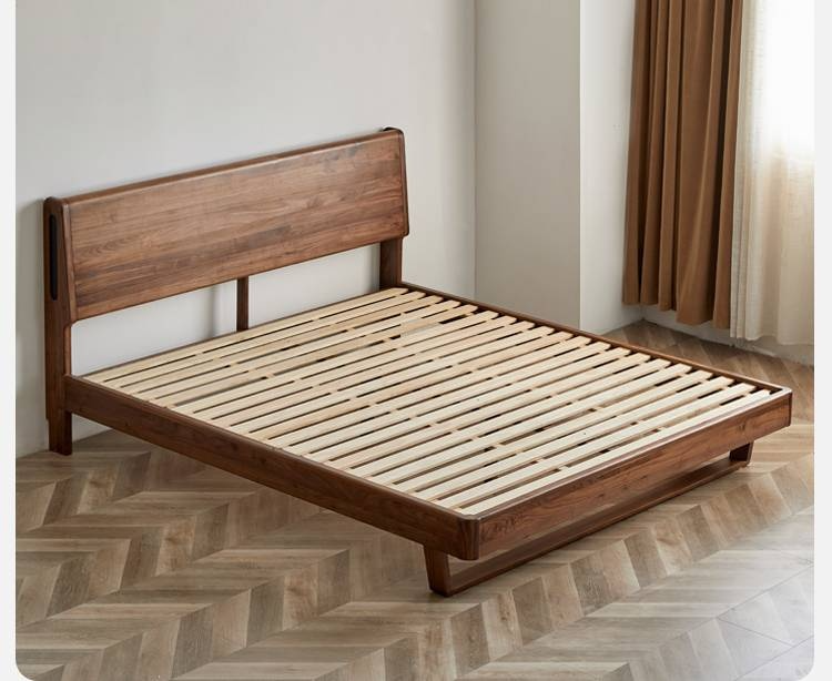 Black Walnut Solid Wood suspended bed with Ambient LED Headboard Lighting