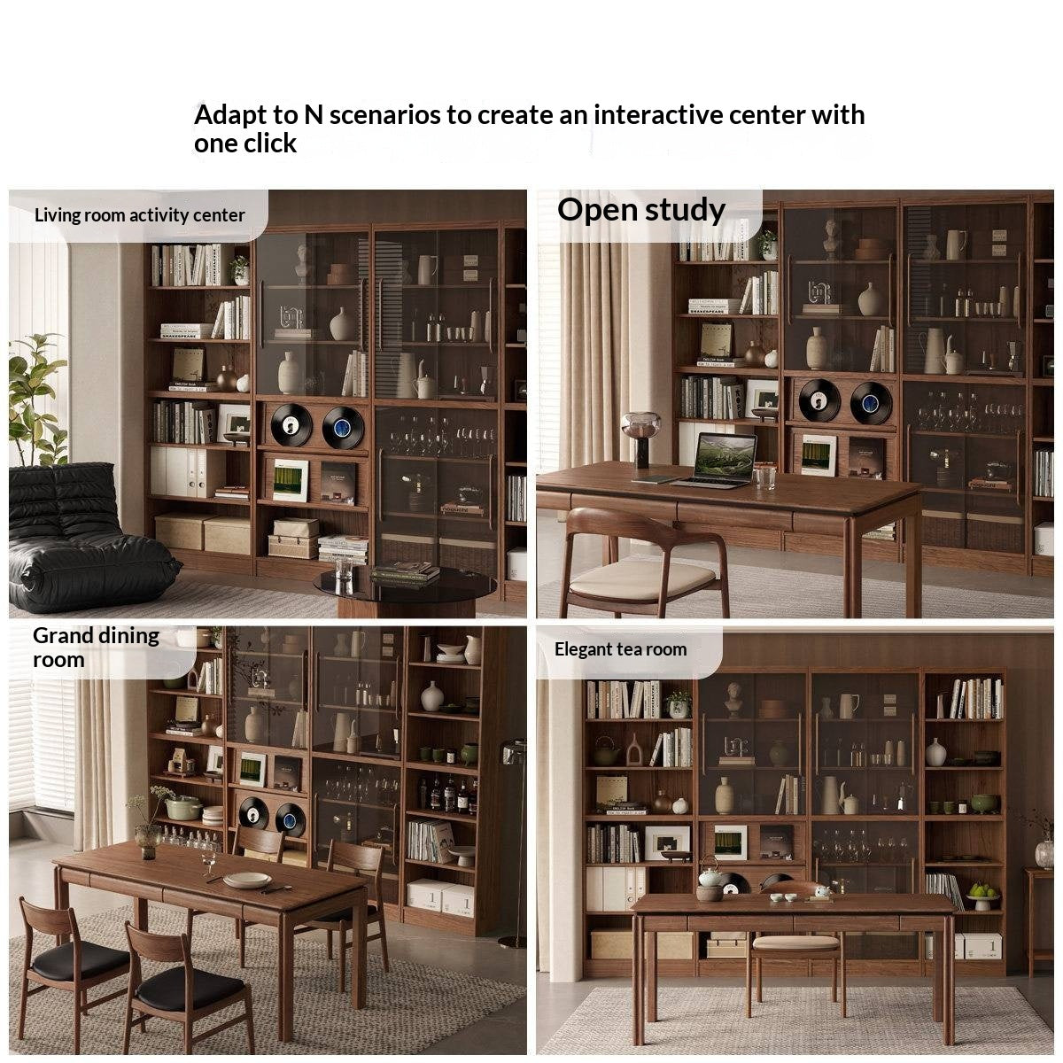 Black Walnut, Oak Solid Wood Floor-Standing Bookcase with Luxury Storage Cabinet
