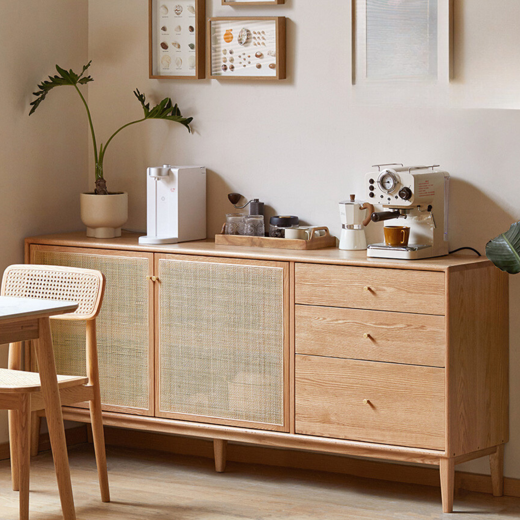 Oak Solid Wood Rattan Modern Sideboard