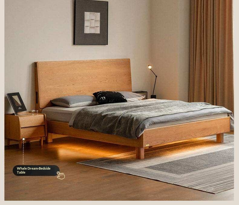 Cherry Solid Wood Bed Modern Minimalist Luminous Bed