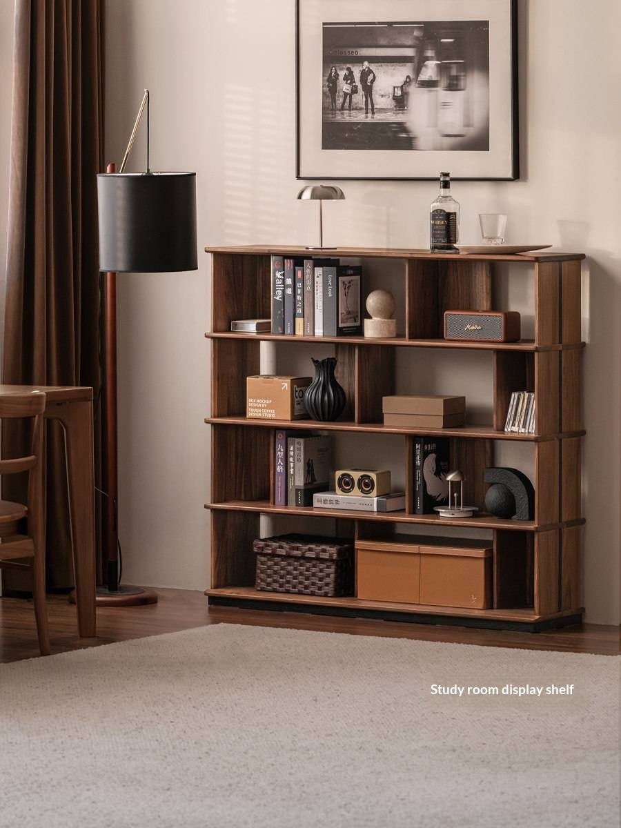 Black Walnut, Sandalwood Solid Wood Bookshelf with Light Luxury Display Shelves