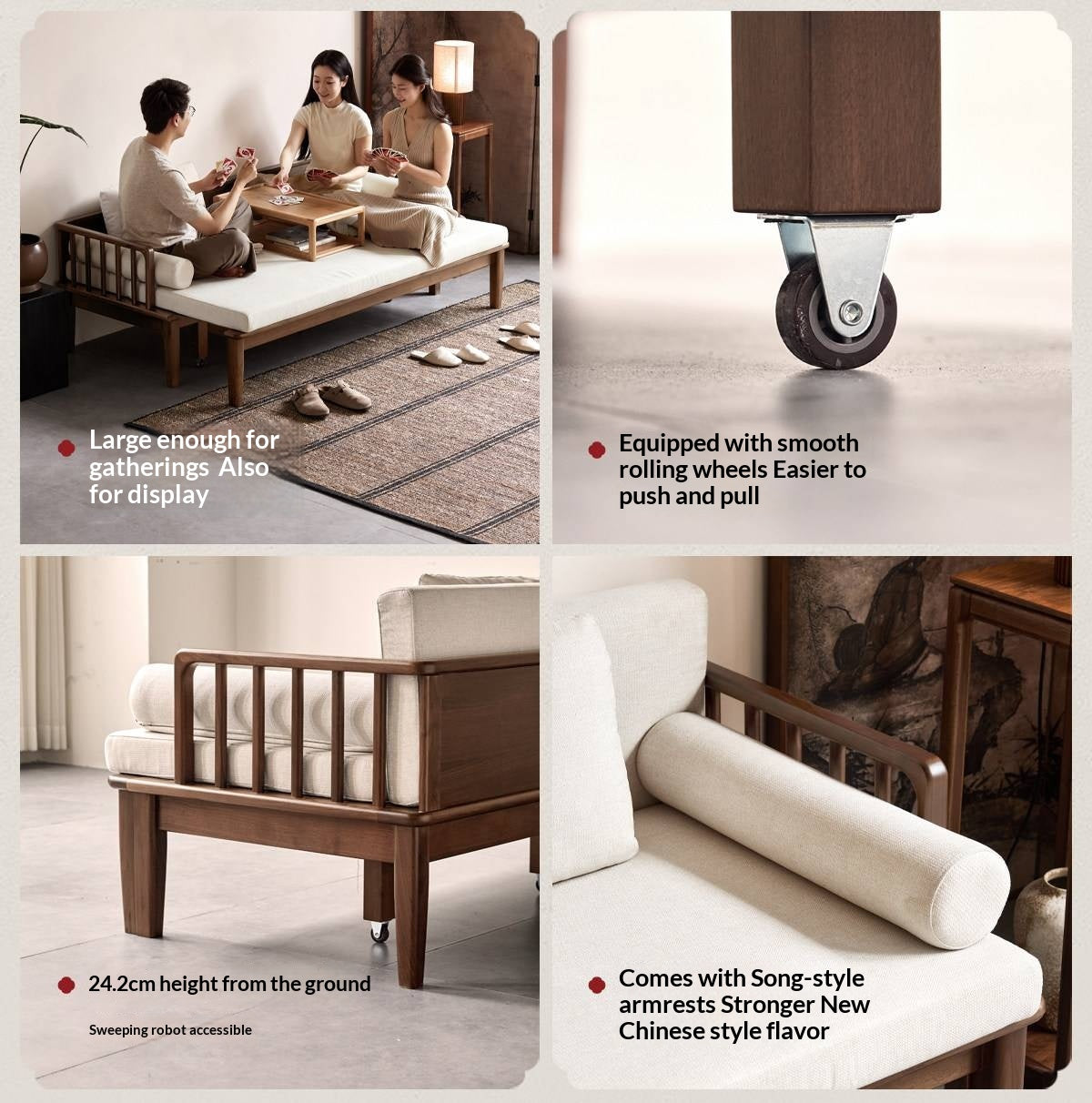 Black Walnut, Ash Solid Wood Daybed Sleeper Sofa with Slatted Wood Back and Arms