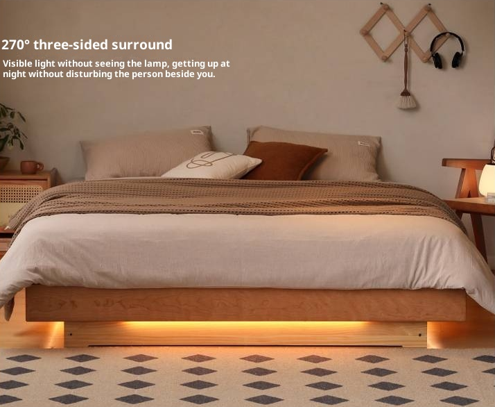 Cherry Solid Wood Floating Platform Box Bed, Headboard-Free Bed