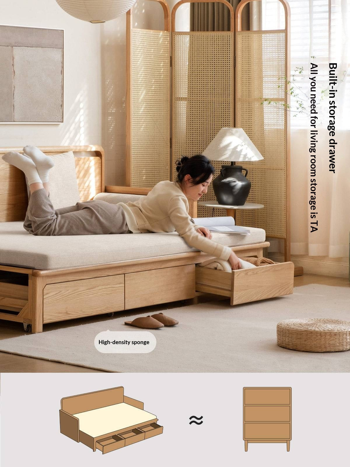 Oak Solid Wood Retractable Multifunctional Box Sofa Bed.