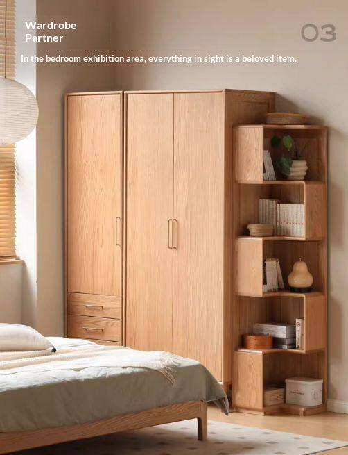 Oak Solid Wood Corner Bookshelf with Floor-Standing Storage Cabinet