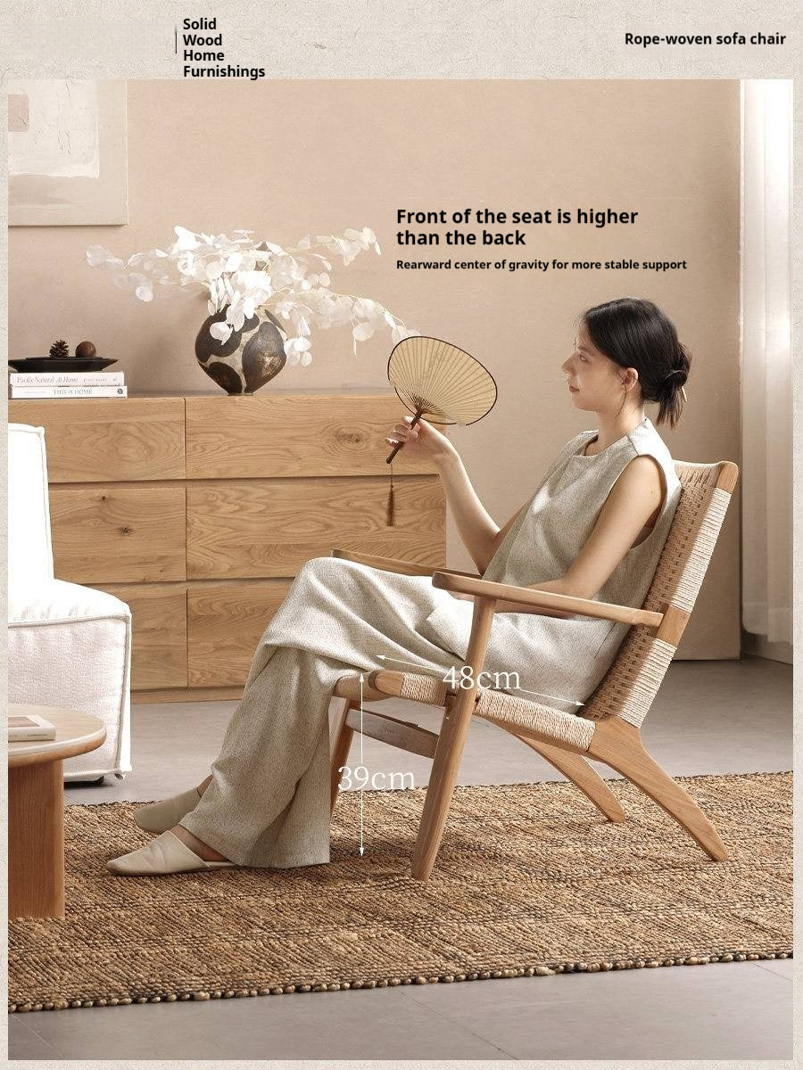 Ash Solid Wood Woven Rope Lounge Chair with Backrest