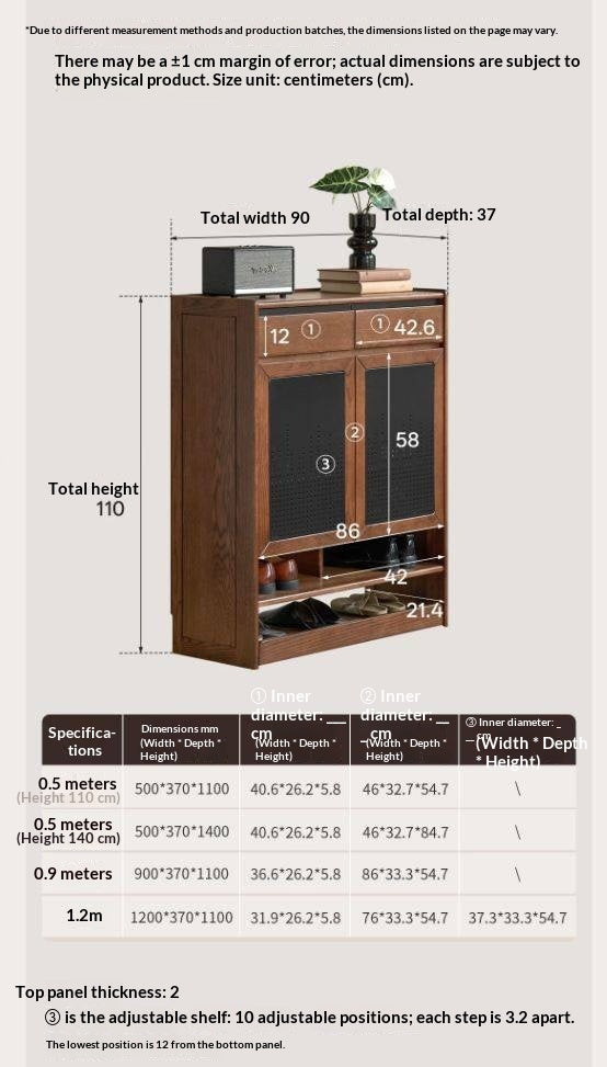 Oak Solid Wood Shoe Cabinet with Flip-Top Compartment and Perforated Metal Door