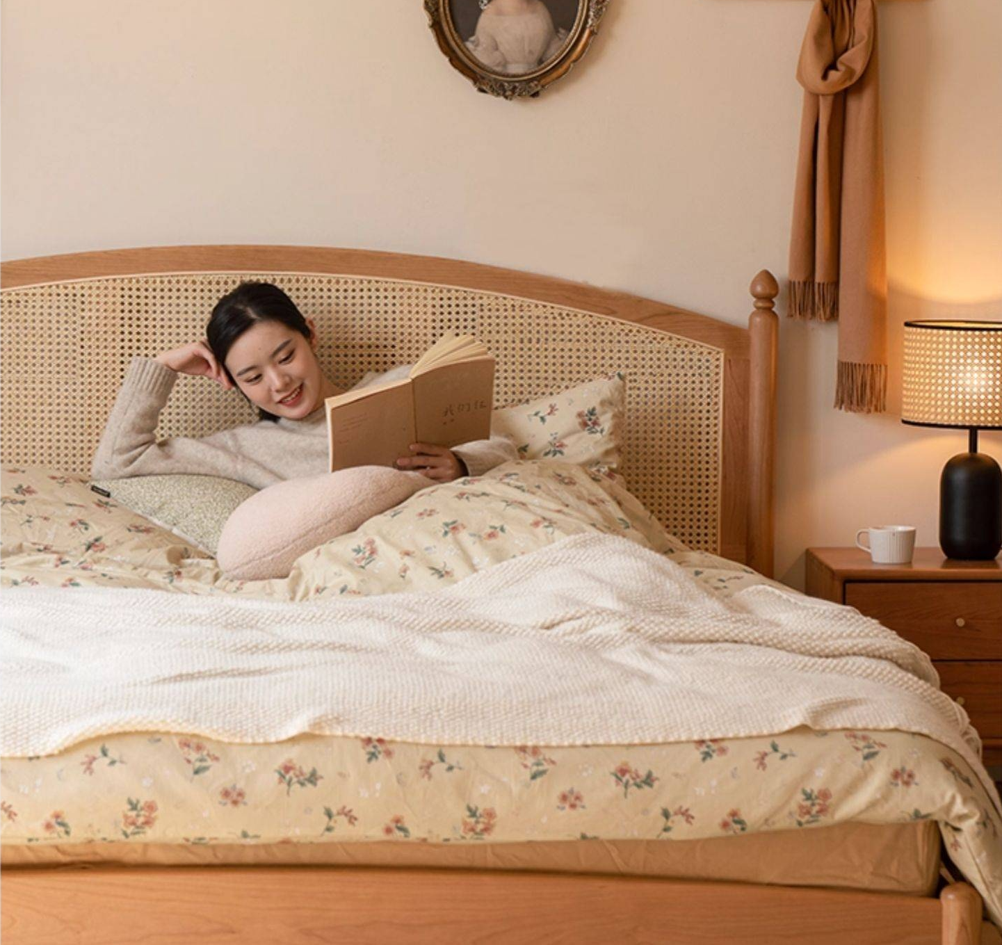 Cherry Solid Wood Rattan Bed Retro