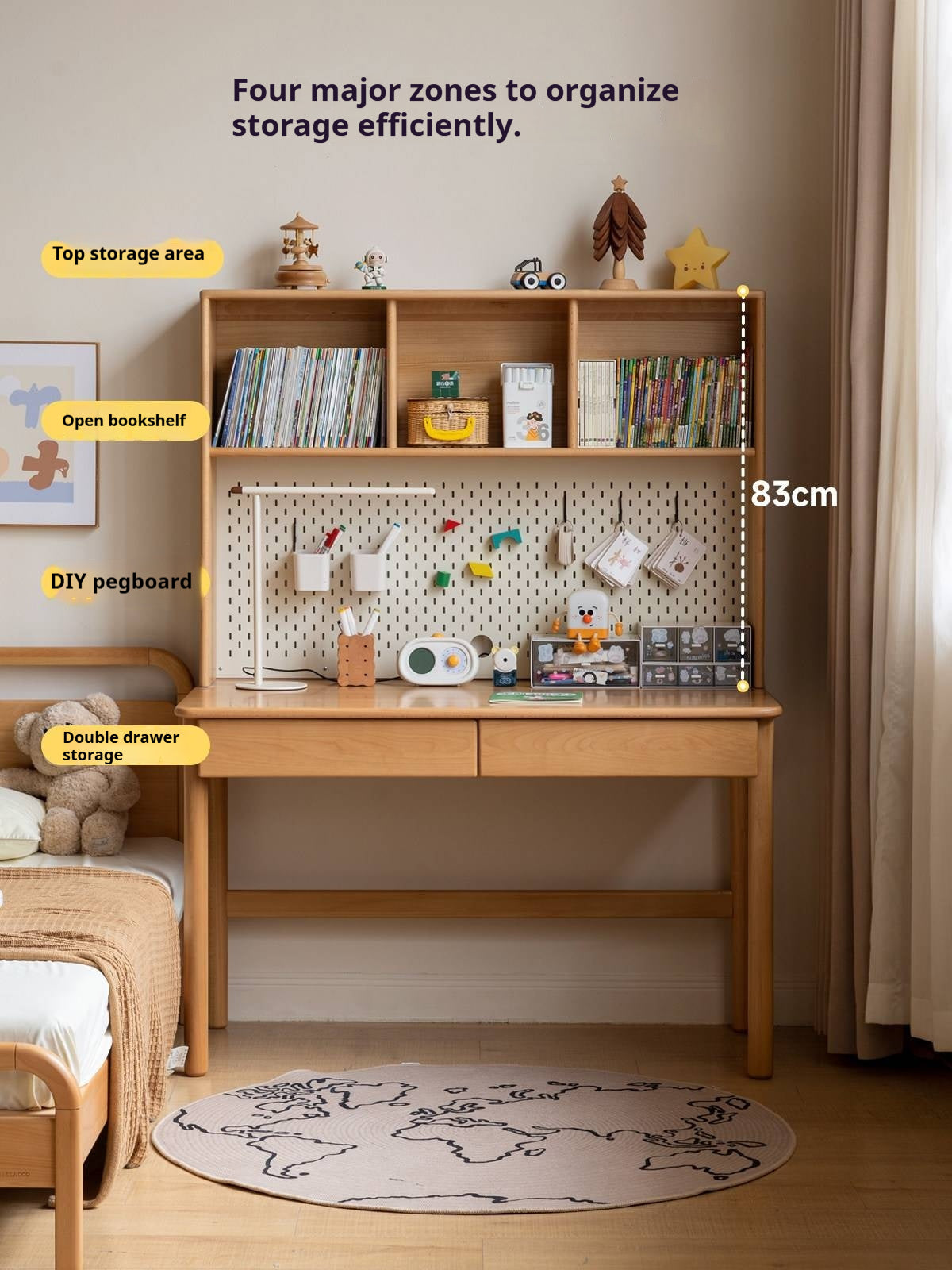 Beech, Oak  Solid Wood Writing Desk with Bookshelf Hutch and Organizer Panel