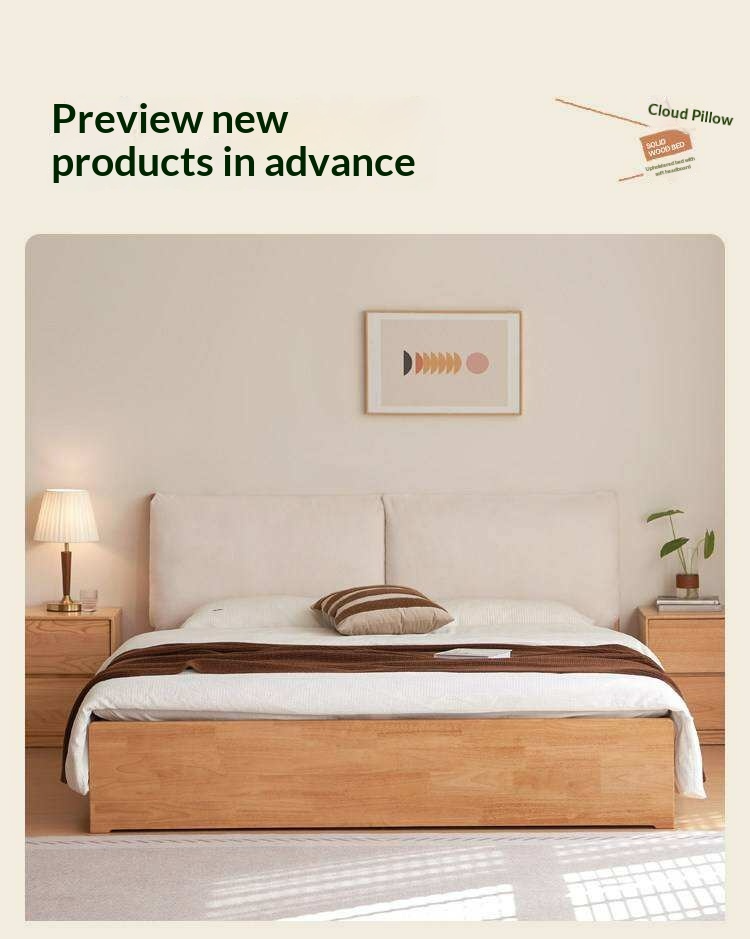 Rubberwood Solid Wood Storage Bed with Lift-Up Base and Soft Upholstered Headboard