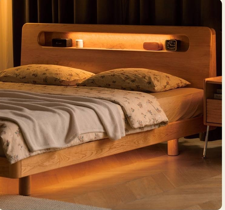 Cherry Solid Wood Retro with Socket Night Light Bed
