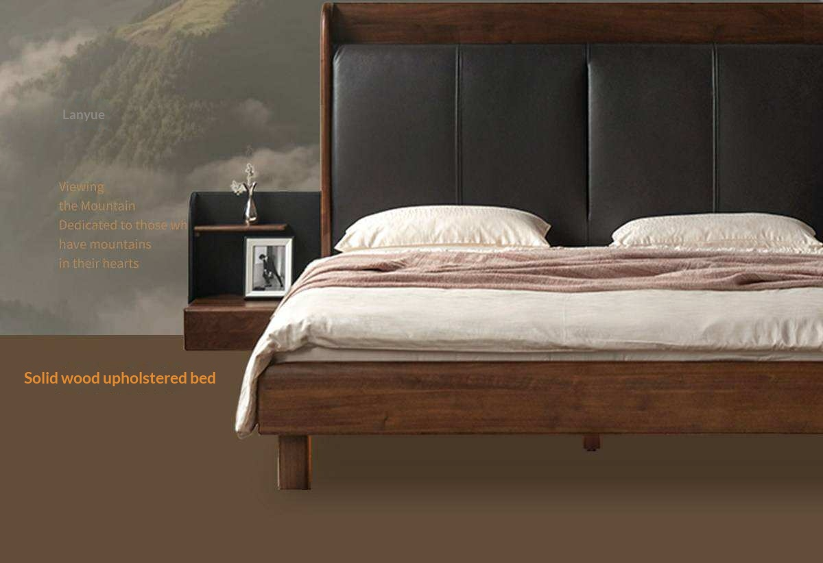 Black Walnut Solid Wood Genuine Leather Curved Leather Bed with Floating Base and LED Lighting