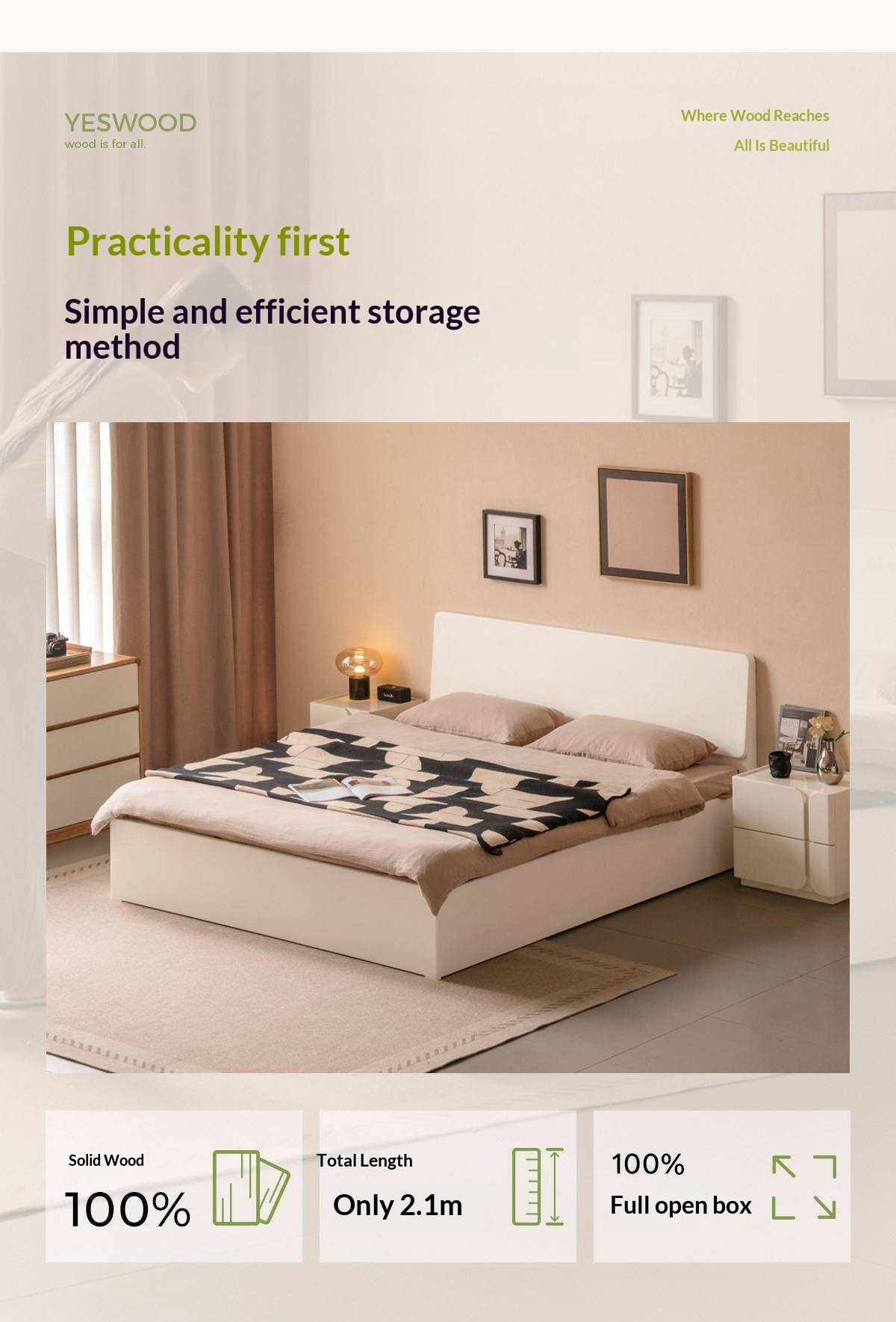 Rubberwood Solid Wood White Cream Gas Lift Storage Bed