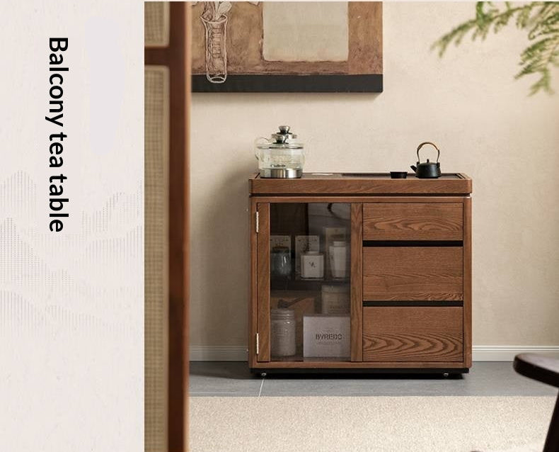 Ash Solid Wood Mobile Tea Cabinet Kettle Integrated