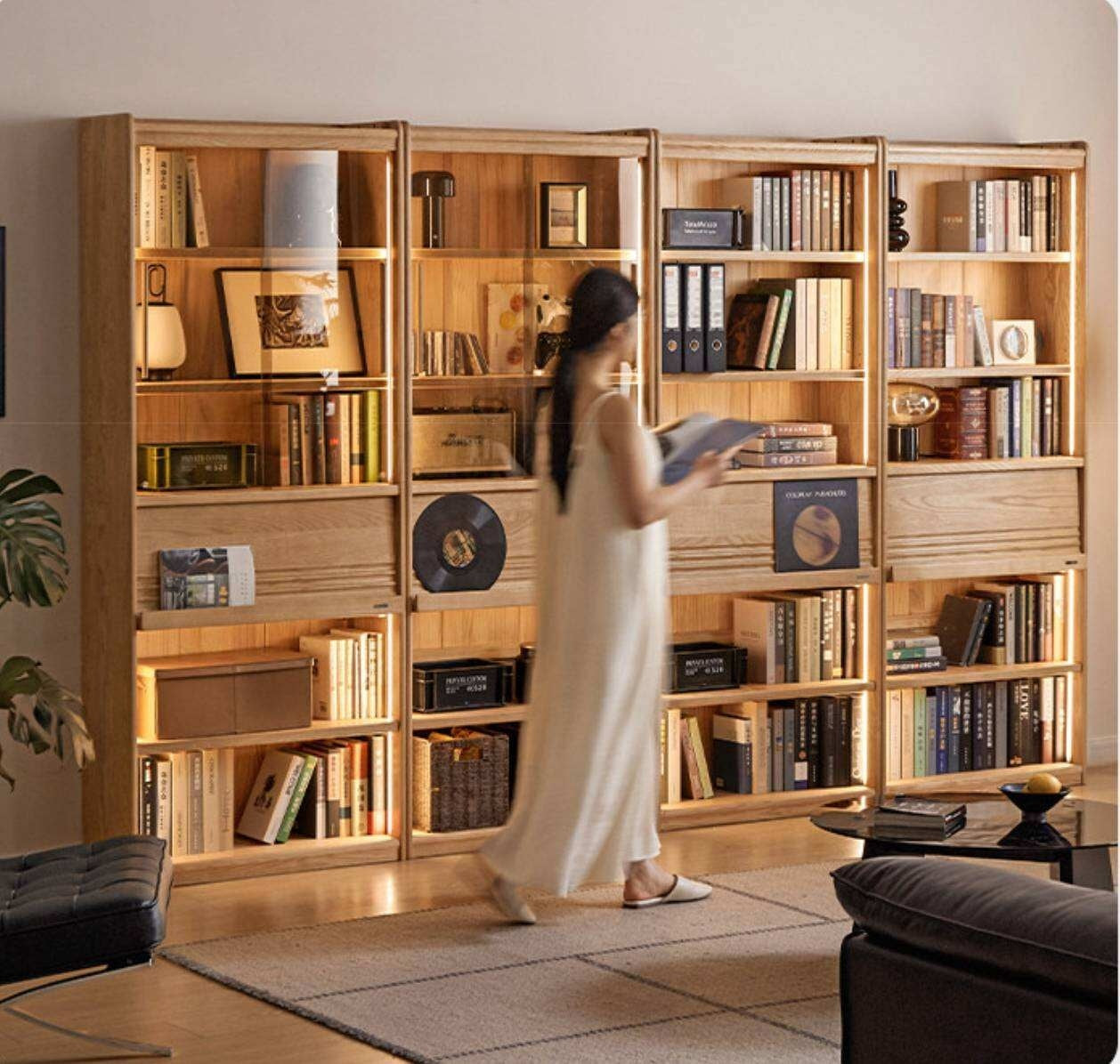 Oak Solid Wood Display Bookcase with Wall-Mounted Option and Storage Cabinet