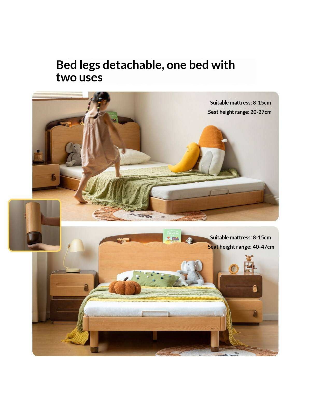 Beech Solid Wood Kids Bed with Scalloped Headboard and Hidden Storage