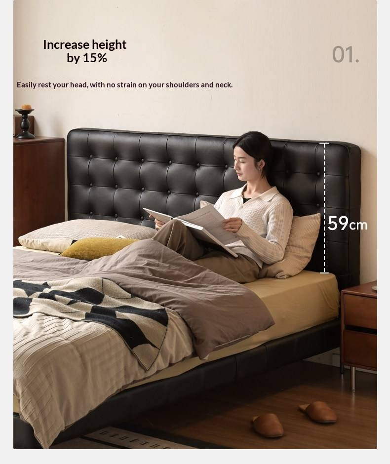 Genuine Leather Bed — Italian Light Luxury, Bauhaus Edge Design, Black Finish