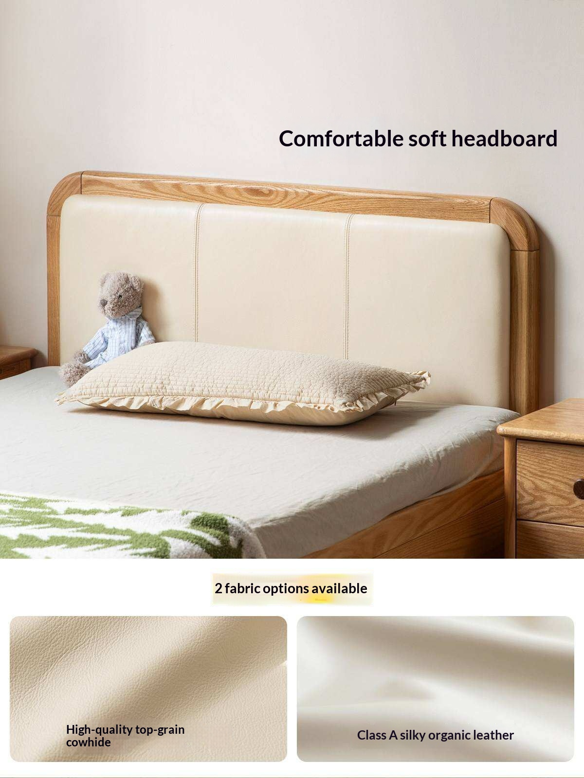 Oak, Rubberwood Solid Wood Upholstered Kids Storage Bed with Gas Lift and Rounded Headboard