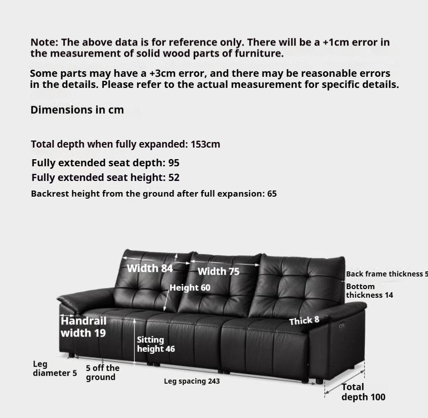 Pine Solid Wood Big Black Functional Leather Sofa
