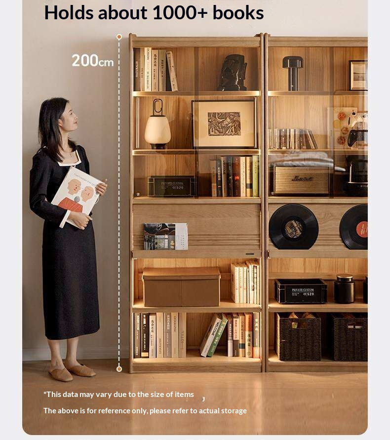Oak Solid Wood Display Bookcase with Wall-Mounted Option and Storage Cabinet