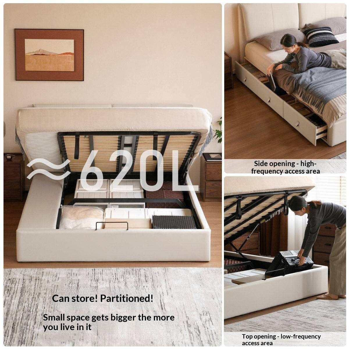 Genuine Leather Upholstered Lift-Up Storage Bed