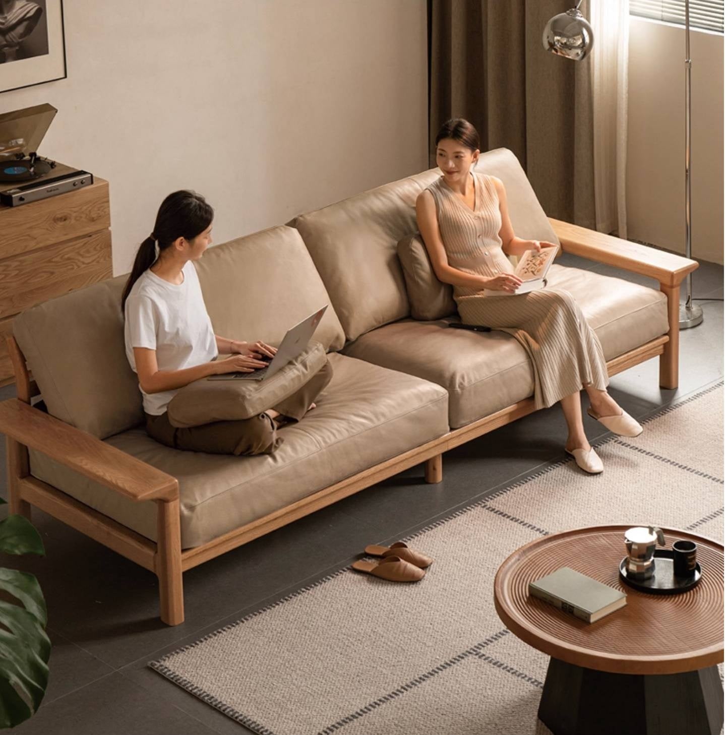 Oak, Ash Solid Wood Wabi Sabi Style Genuine Leather Sofa, fabric sofa