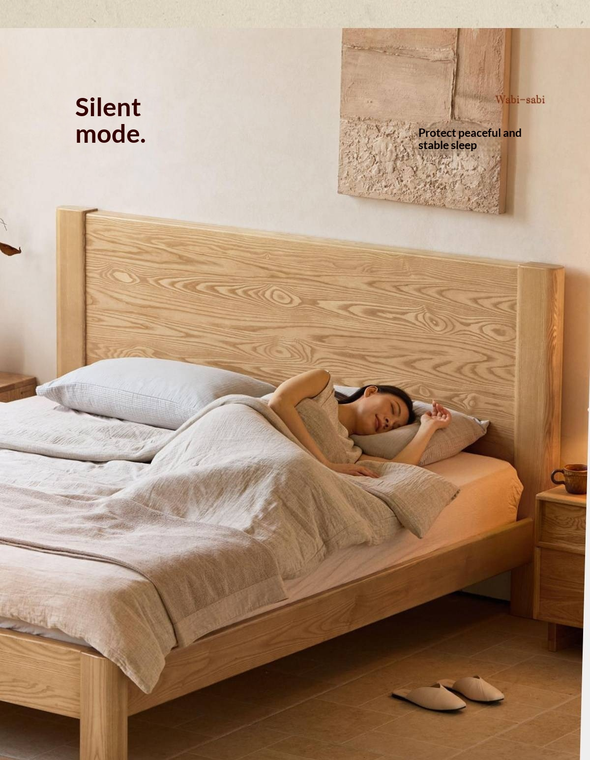 White Ash Solid Wood Platform Bed with Tall Flat Panel Headboard