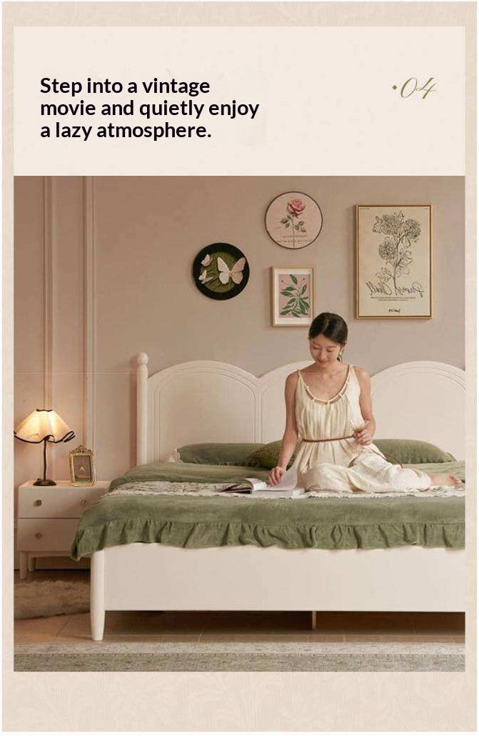 Rubberwood Solid Wood Bed with White Cream Style Large Box Frame