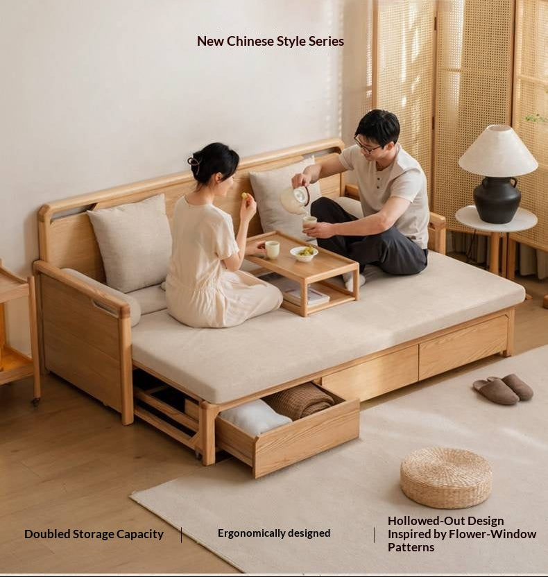 Oak Solid Wood Retractable Multifunctional Box Sofa Bed.