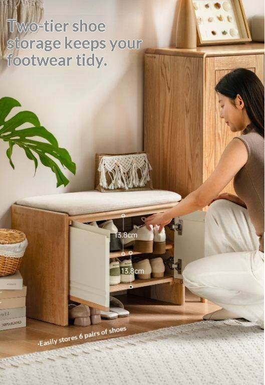Solid RubberWood Shoe Storage Bench with Doors and Cushioned Top