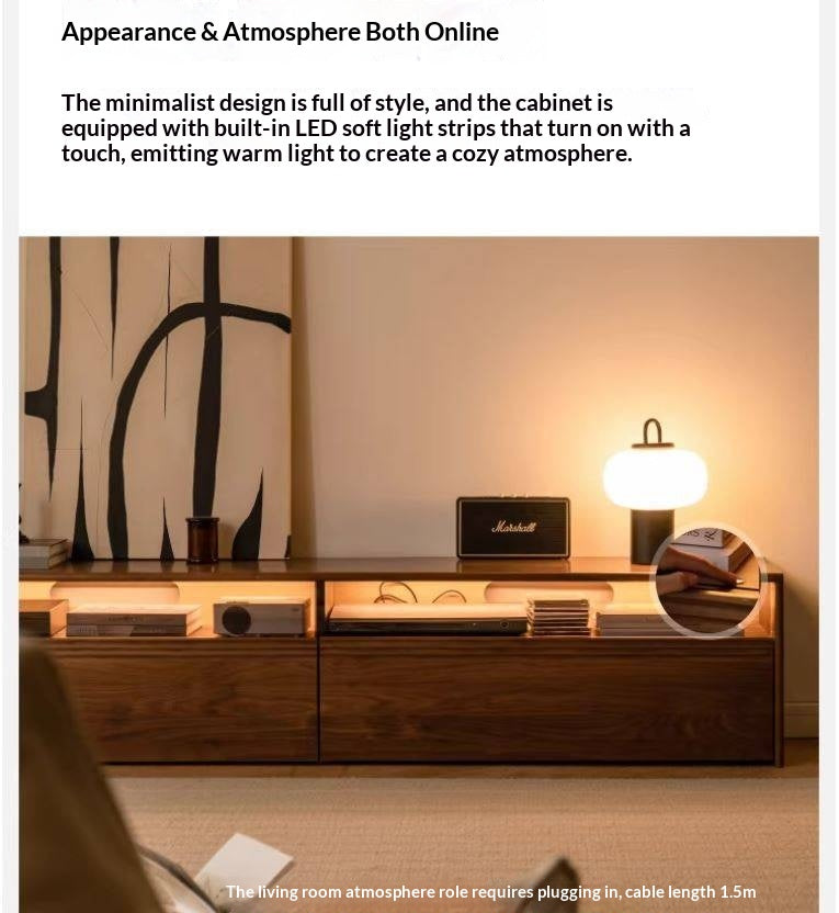 Black Walnut, Oak Solid Wood TV Cabinet LED Light Floor Cabinet.