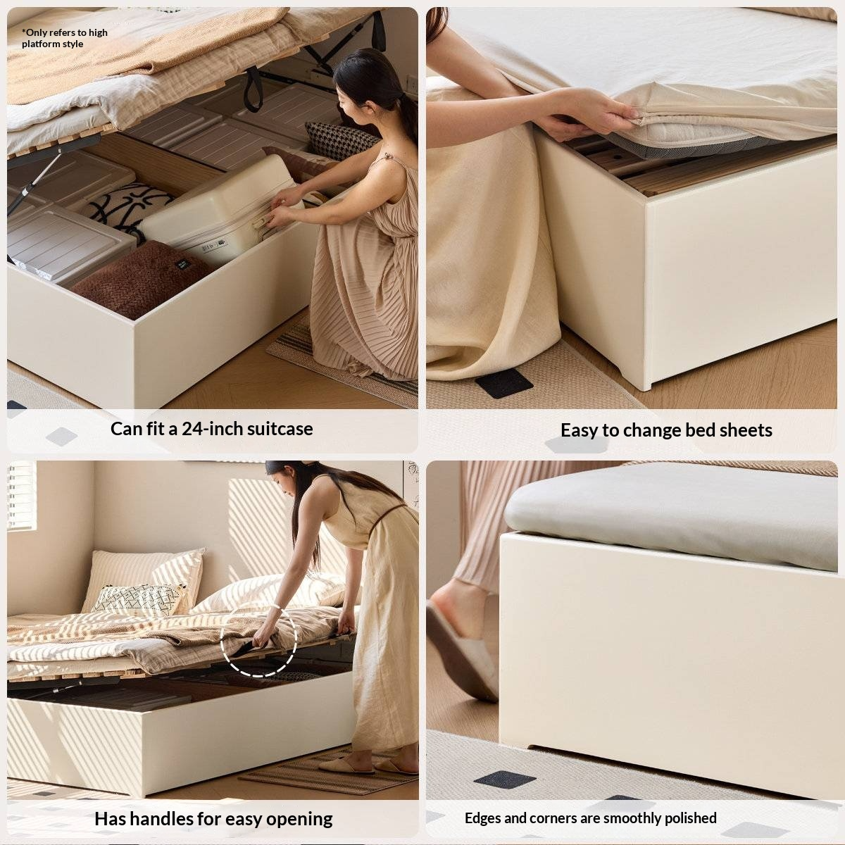 Rubberwood Solid Wood Storage Bed with No Headboard and Side-Opening Lid