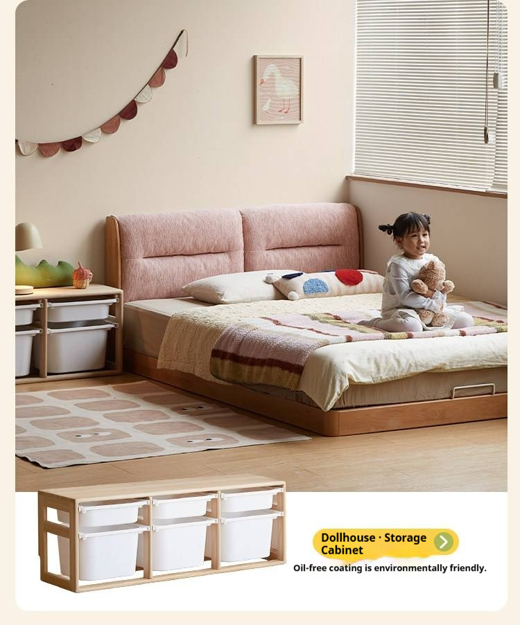 Beech Solid Wood Adjustable Height Kids Bed with Upholstered Segmented Headboard