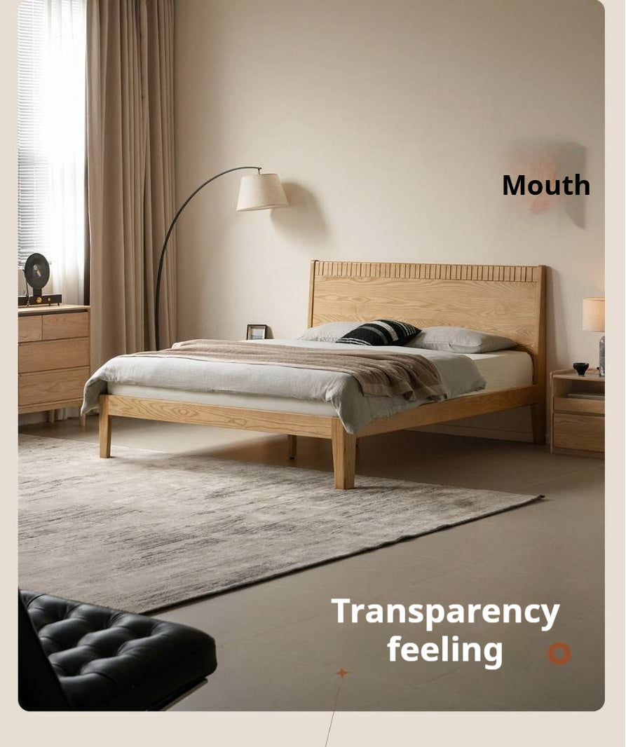 Ash Solid Wood Modern Minimalist Bed with Grooved Headboard and High Under-Bed Clearance