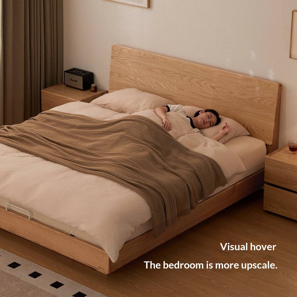 Oak Solid Wood Bed — Modern Minimalist Slab Box Design