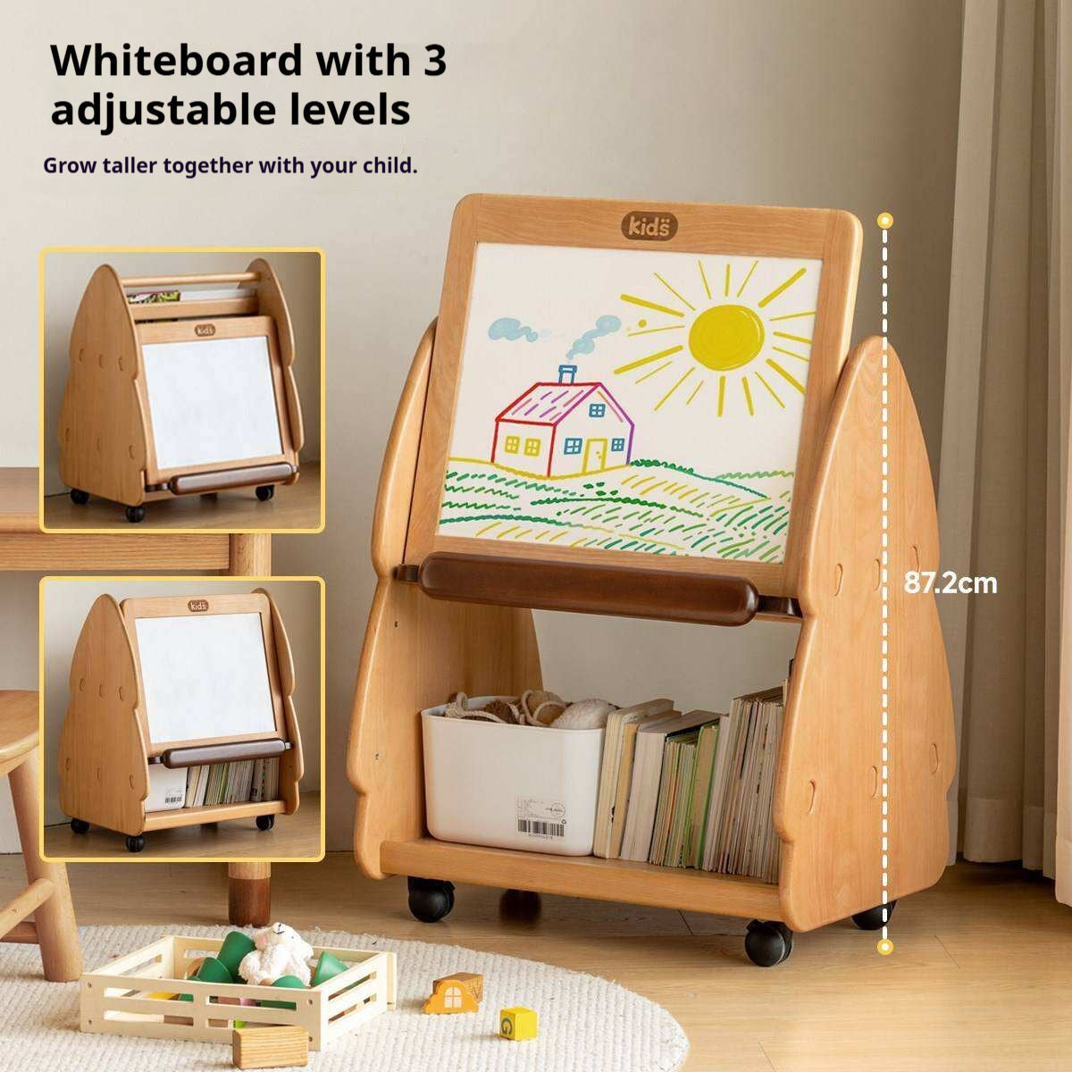 Beech, Poplar Solid Wood Movable Kids Bookshelf with Wheels, Multifunctional Storage