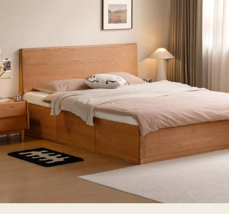 Cherry Solid Wood Storage Bed with Side Storage Drawers