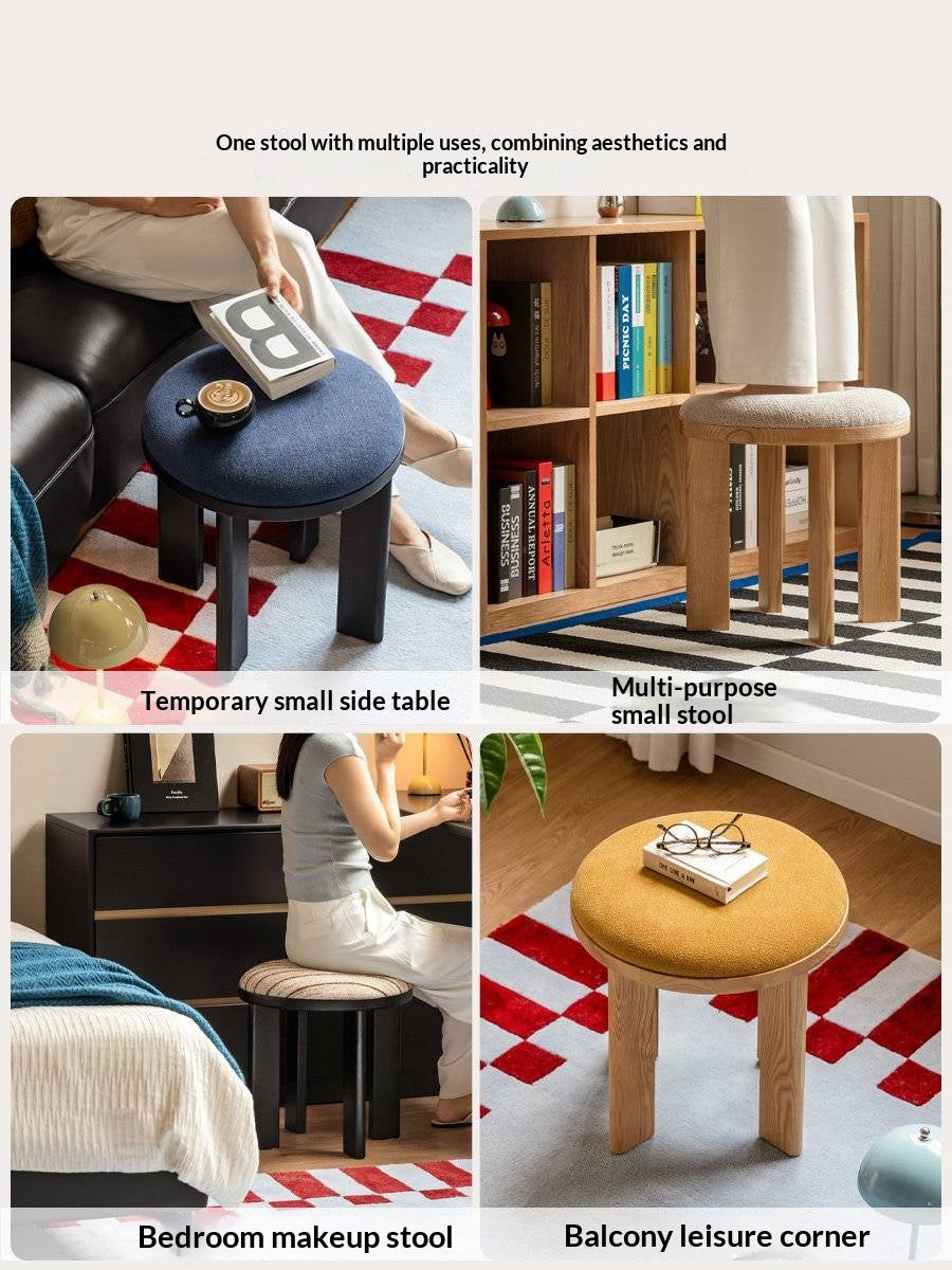 Ash Solid Wood Round Upholstered Stool with Slab Wood Legs